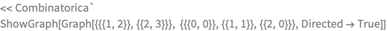 << Combinatorica`
ShowGraph[
 Graph[{{{1, 2}}, {{2, 3}}}, {{{0, 0}}, {{1, 1}}, {{2, 0}}}, 
  Directed -> True]]