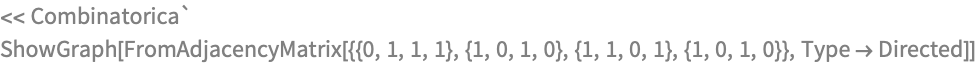 << Combinatorica`
ShowGraph[
 FromAdjacencyMatrix[{{0, 1, 1, 1}, {1, 0, 1, 0}, {1, 1, 0, 1}, {1, 0,
     1, 0}}, Type -> Directed]]