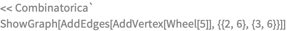 << Combinatorica`
ShowGraph[AddEdges[AddVertex[Wheel[5]], {{2, 6}, {3, 6}}]]