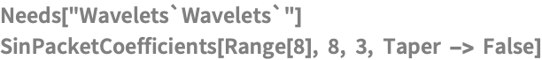 Needs["Wavelets`Wavelets`"]
SinPacketCoefficients[Range[8], 8, 3, Taper -> False]