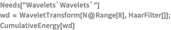 Needs["Wavelets`Wavelets`"]
wd = WaveletTransform[N@Range[8], HaarFilter[]];
CumulativeEnergy[wd]