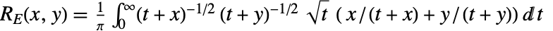 TemplateBox[{x, y}, CarlsonRE]=1/piint_0^infty(t+x)^(-1/2)(t+y)^(-1/2)sqrt(t)( x/(t+x)+y/(t+y))dt