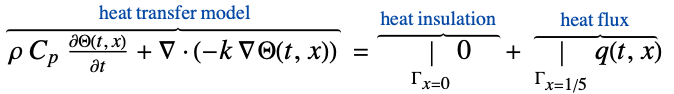  rho C_p(partialTheta(t, x))/(partialt)+del .(-k del Theta(t,x))^(︷^(                        heat transfer model                       )) =|_(Gamma_(x=0))0^(︷^( heat insulation ))+|_(Gamma_(x=1/5))q(t,x)^(︷^(       heat flux       ))