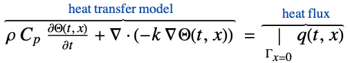  rho C_p(partialTheta(t, x))/(partialt)+del .(-k del Theta(t,x))^(︷^(                        heat transfer model                       )) =|_(Gamma_(x=0))q(t,x)^(︷^(        heat flux     ))