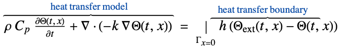  rho C_p(partialTheta(t, x))/(partialt)+del .(-k del Theta(t,x))^(︷^(                        heat transfer model                       )) =|_(Gamma_(x=0))h (Theta_(ext)(t,x)-Theta(t,x))^(︷^(    heat transfer boundary      ))