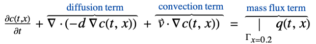  (partialc(t,x))/(partialt)+del .(-d del c(t,x))^(︷^(          diffusion term       )) +v^->.del c(t,x))^(︷^(  convection term)) =|_(Gamma_(x=0.2))q(t,x)^(︷^( mass flux term ))