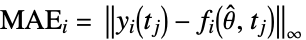 MAE_i= TemplateBox[{{{{y, _, i}, (, {t, _, j}, )}, -, {{f, _, i}, (, {{theta, ^, ^}, ,, {t, _, j}}, )}}, infty}, Norm2]